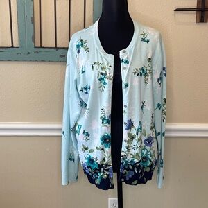 Karen Scott Floral Cardigan - Light Blue and Navy